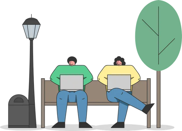Freelance Work Brainstorm And Self Employment Concept Busy Business People Or Freelancers Are Working On Laptops Sitting On The Bench In The Park Cartoon Linear Outline Flat Style Vector Illustration Illustration