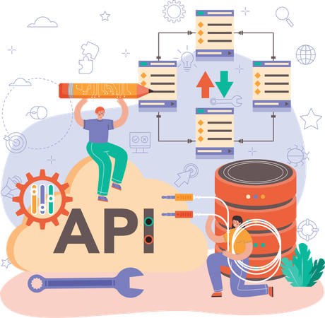 Man and woman working on api development  Illustration