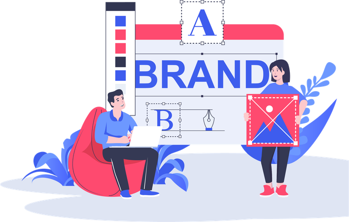 Man and woman working on brand marketing  Illustration