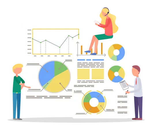 Man And Woman Near Boards With Statistics Diagram Woman Sit On Document And Talking Customer Support People Working On Project And It Financial Report Vector Illustration Of Teamwork In Flat Style Illustration
