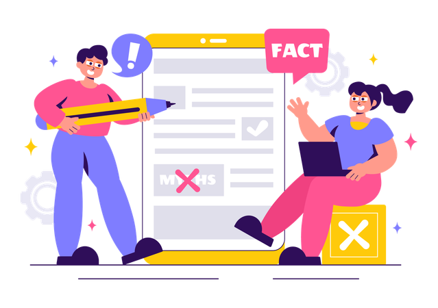 Man and woman working on checking fact or myths  Illustration