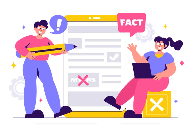 Man and woman working on checking fact or myths  Illustration