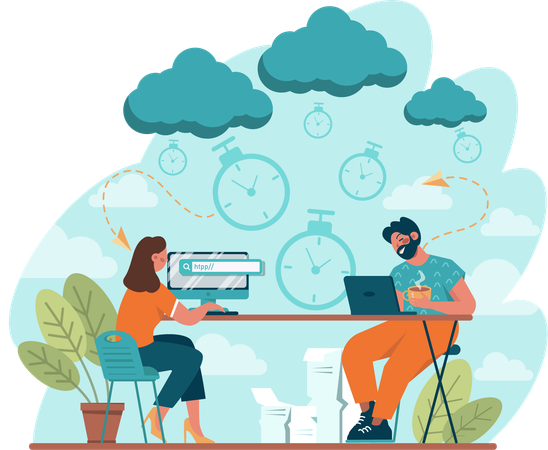 Man and woman working on cloud computing  Illustration