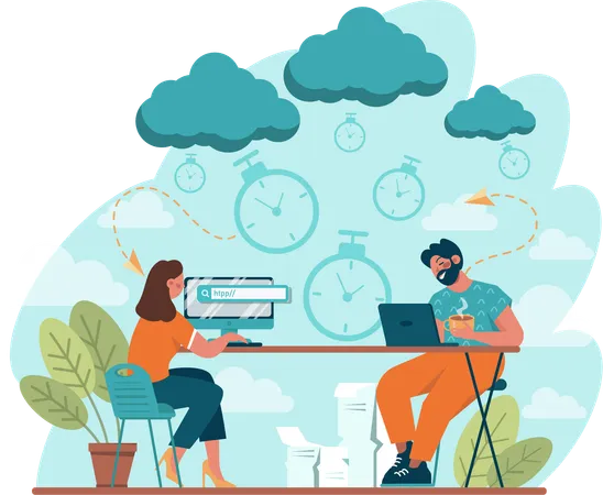 Man and woman working on cloud computing  Illustration