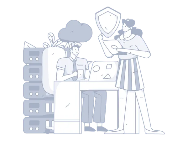 Man and woman working on cloud database security  Illustration