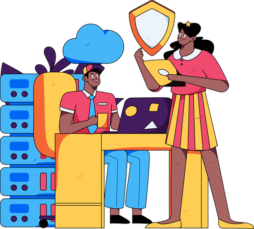 Man and woman working on cloud database security  Illustration