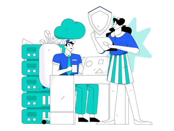 Man and woman working on cloud database security  Illustration