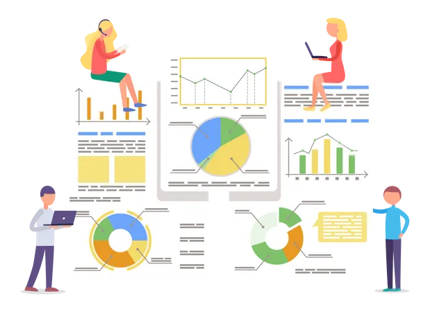 People Standing Near Boards With Analytics Information And Diagrams Man And Woman Working At Office As Managers And Analysts Financial And Statistics Graphics Vector Illustration Of Team In Flat Illustration