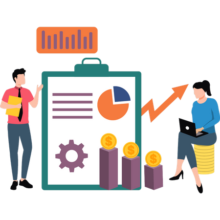 Man and woman working on financial chart  Illustration