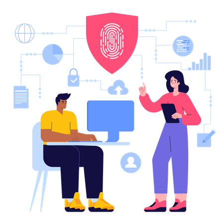 Man and woman working on finger print security  Illustration