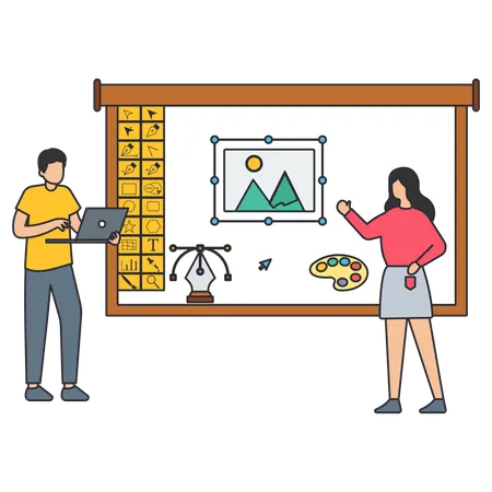 Man and woman working on Graphic Software Illustration