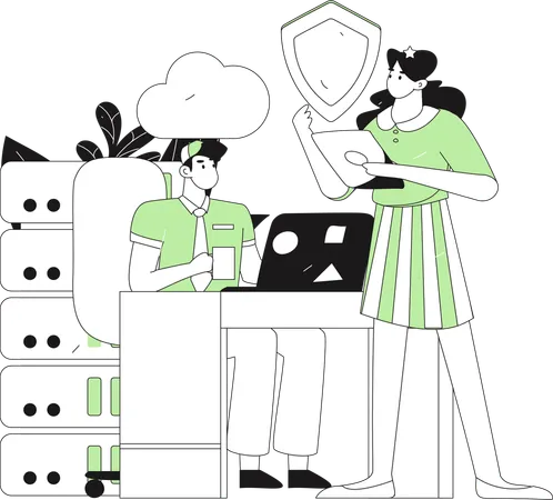 Man and woman working on server security  Illustration