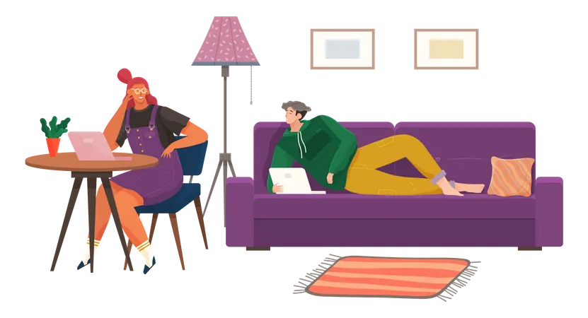 Man and woman working together at home Illustration