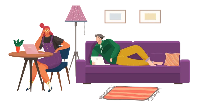 Man and woman working together at home  Illustration