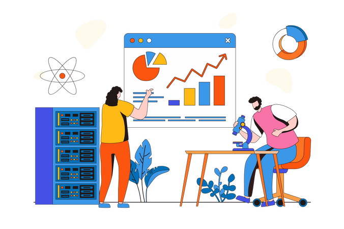 Man and woman working with databases and analyzing on dashboard  Illustration