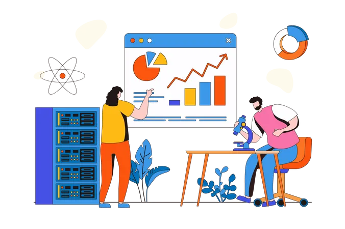 Man and woman working with databases and analyzing on dashboard  Illustration