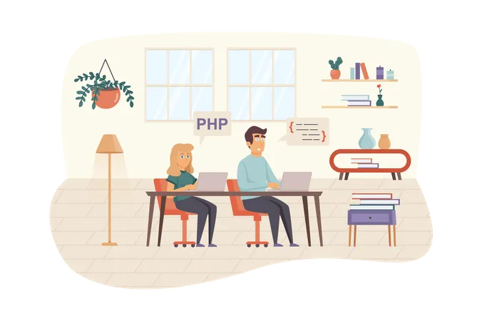 Developers Team Testing Software In Office Scene Man And Woman Works On Laptops Fixing Bugs In Program Code Application Development Concept Vector Illustration Of People Characters In Flat Design Illustration