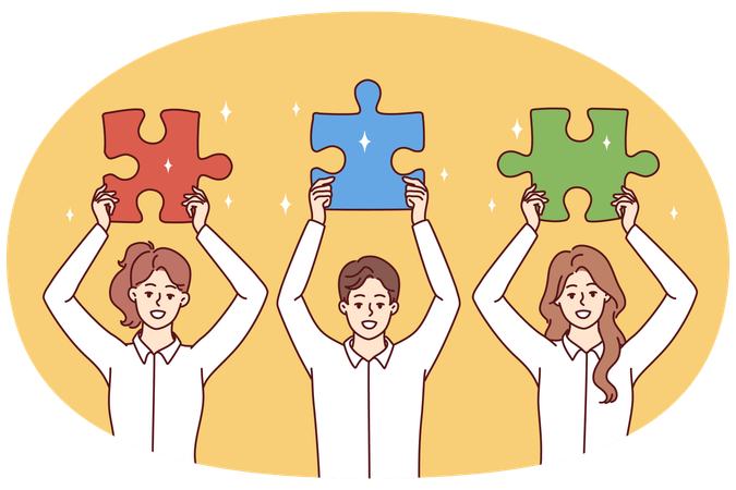 Man and women employees startup demonstrate jigsaw puzzles to show team work  Illustration