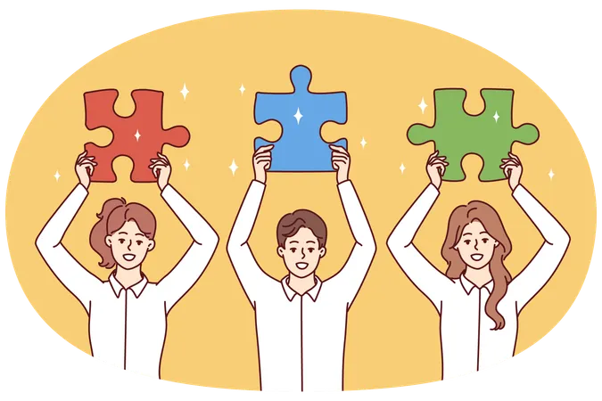 Man and women employees startup demonstrate jigsaw puzzles to show team work  Illustration