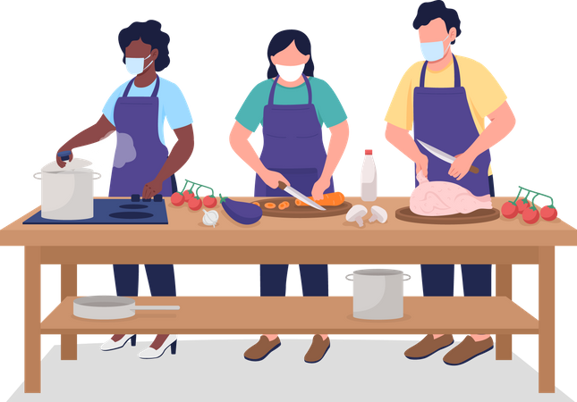 Man and women in face mask during cooking class  Illustration