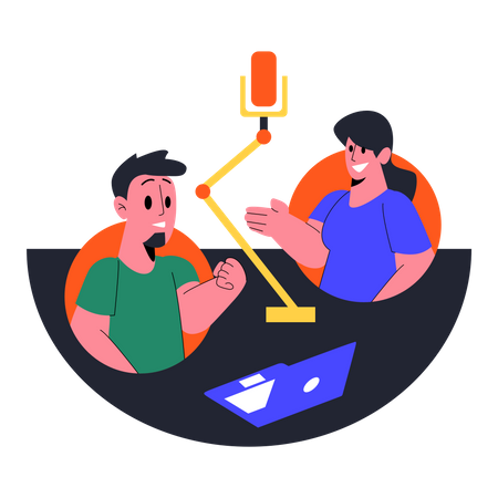 Man and women recording audio podcast  Illustration