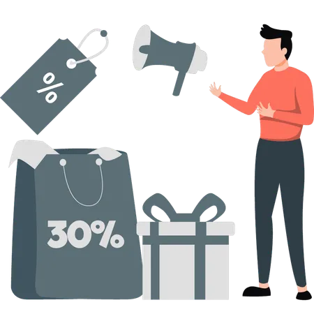 Man announcing 30 percentage discount  イラスト