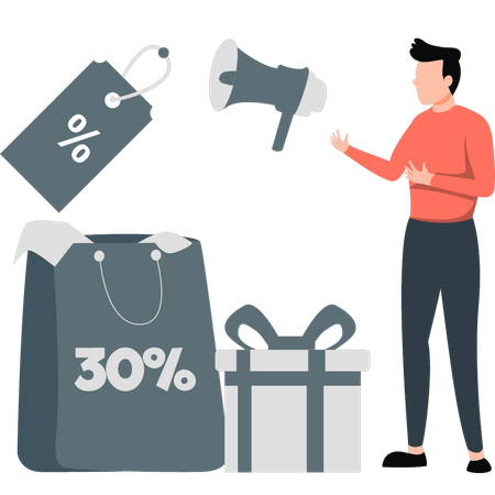 Man announcing 30 percentage discount  Illustration