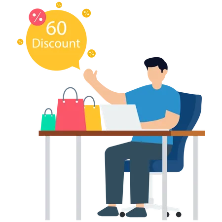 Man Announcing 60 Percentage Discount Offer  Illustration
