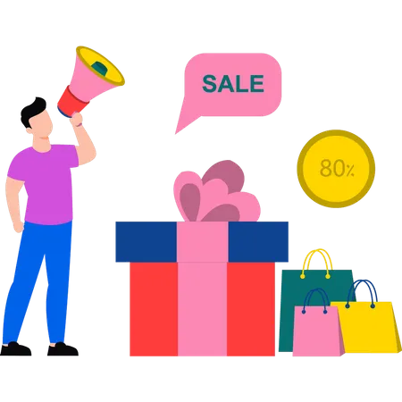 Man announcing 80% sale  Illustration