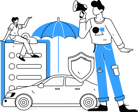 Man announcing insurance offers on car  Illustration