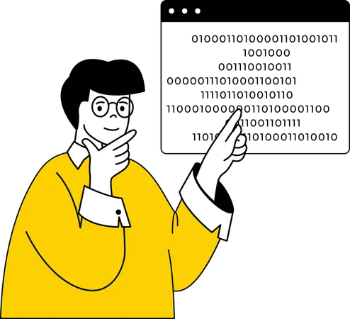 Homem apontando codificação binária  Ilustração