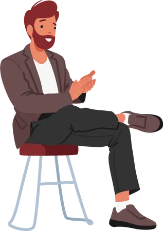 Man Applauding Sitting On Chair Isolated On White Background Happy Male Character Cheering Support Friend Celebrate Success Or Victory Appreciation Ovation Cartoon People Vector Illustration イラスト