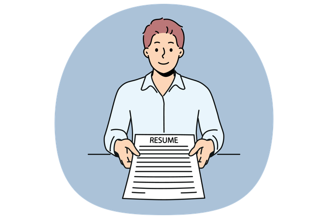 Man applicant with resume in hands came to interview in company to get desired job with high salary  Illustration