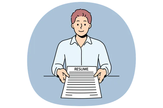 Man applicant with resume in hands came to interview in company to get desired job with high salary  Illustration