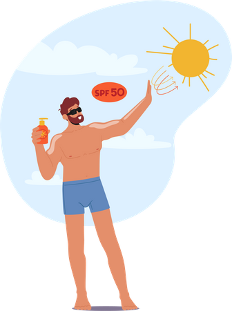 Man Applies Sunscreen To Protect Skin From Harmful Uv Rays While Enjoying Beach Day Illustration
