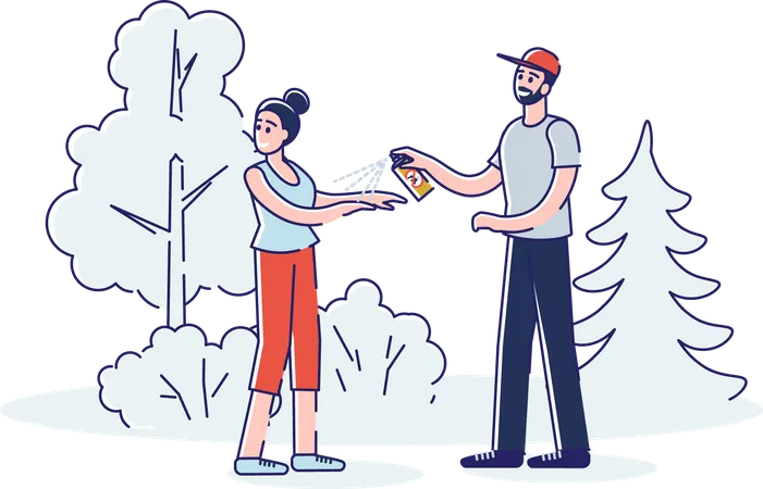 Man applying mosquito repellent on the woman body Illustration