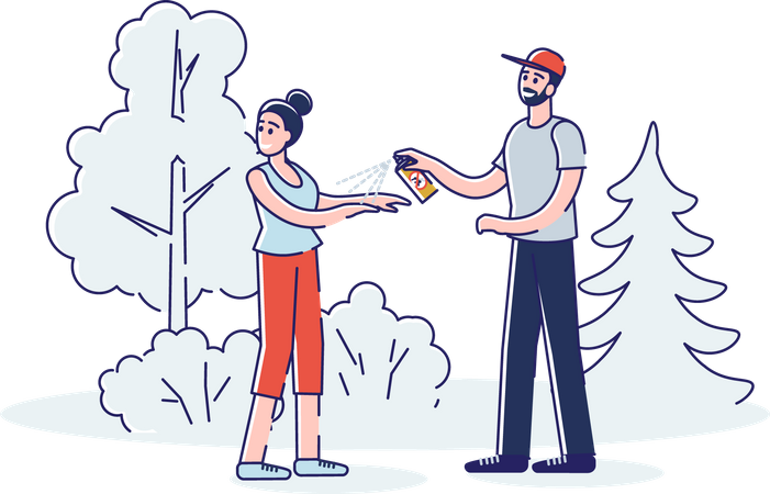 Man applying mosquito repellent on the woman body  Illustration