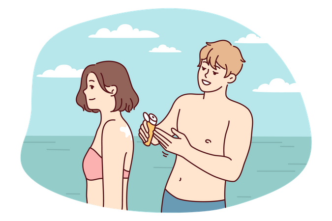 Man applying sun lotion on girl  Illustration