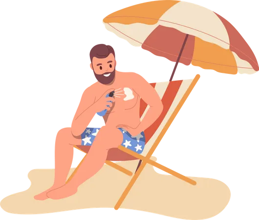 Young Man Tourist Applying Sunscreen Spray For Skin While Rest At Beach Resort On Vacation Vector Illustration Male Character Sitting On Deck Chair Under Umbrella Protecting Body From Sun Uf Rays Illustration