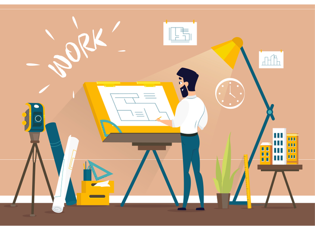 Man architect drawing house project floor plan at draftsman studio with adjustable drawing board desk  Illustration