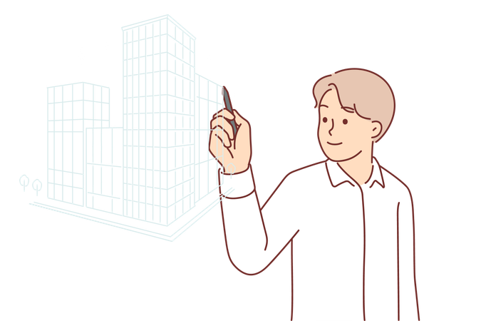 Man architect draws buildings on virtual screen  イラスト