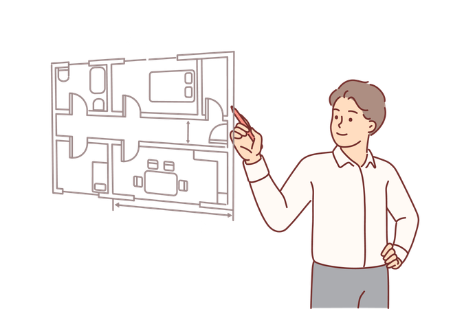 Man architect draws room plan apartment on virtual screen  Illustration