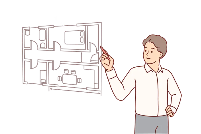 Man architect draws room plan apartment on virtual screen  Illustration