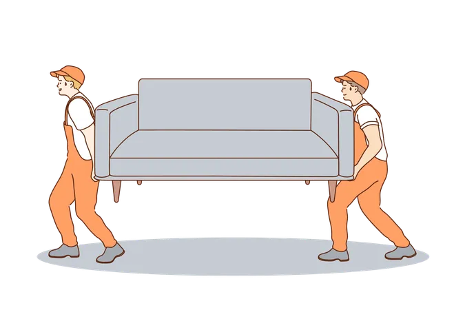 Support Help Delivery Work Concept Young Team Of Strong Smiling Workers Movers Professionals Cartoon Characters Carrying Couch Together Partnership And Transportation Of Furniture Illustration Illustration