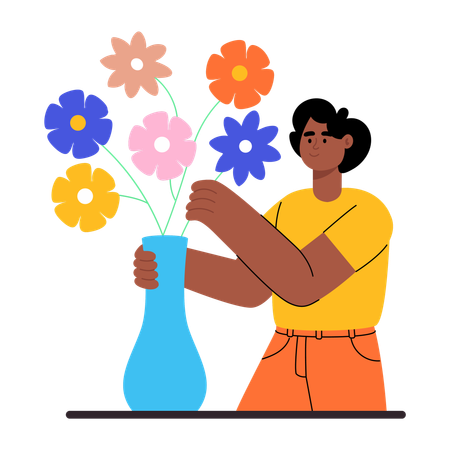 Man arranges flowers in flower vase  Illustration
