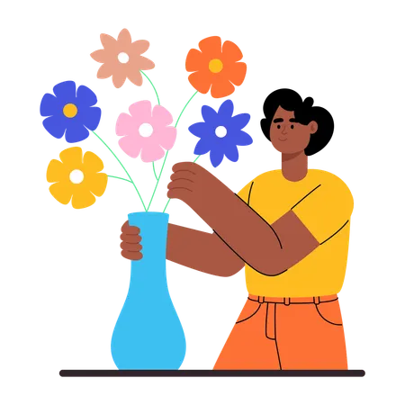 Man arranges flowers in flower vase  Illustration