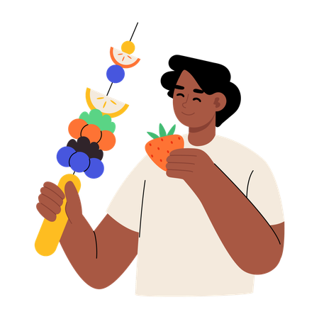 Man arranges fruits in fruit skewer  Illustration