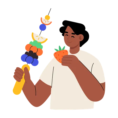 Man arranges fruits in fruit skewer  Illustration