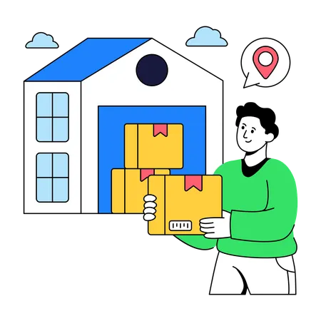 Man arranges stock in Warehouse  Illustration