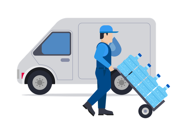 Man arranging water bottles for delivery  Illustration